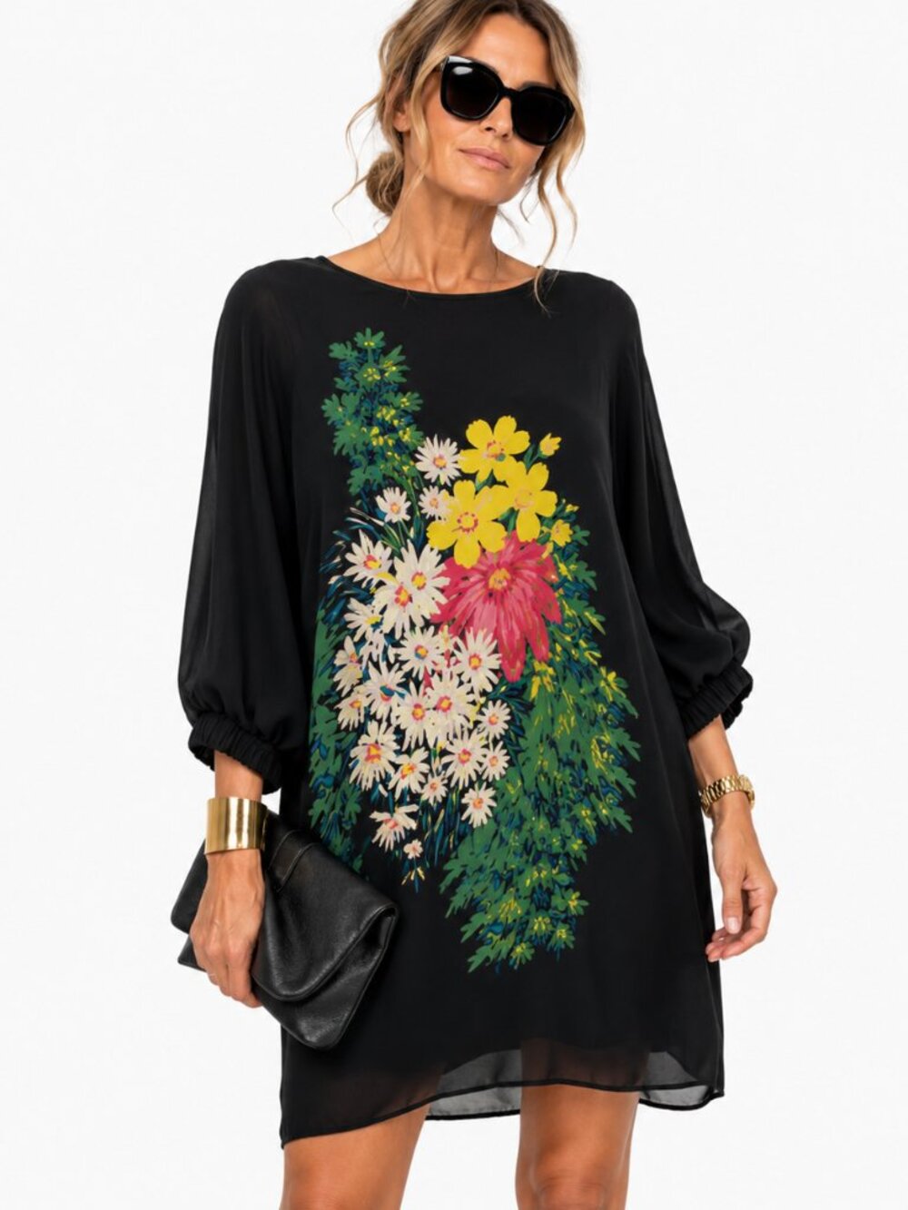 Tibi 100% Silk Shift Dress Women's 6 Black Floral 3/4 Sleeve Designer Luxe